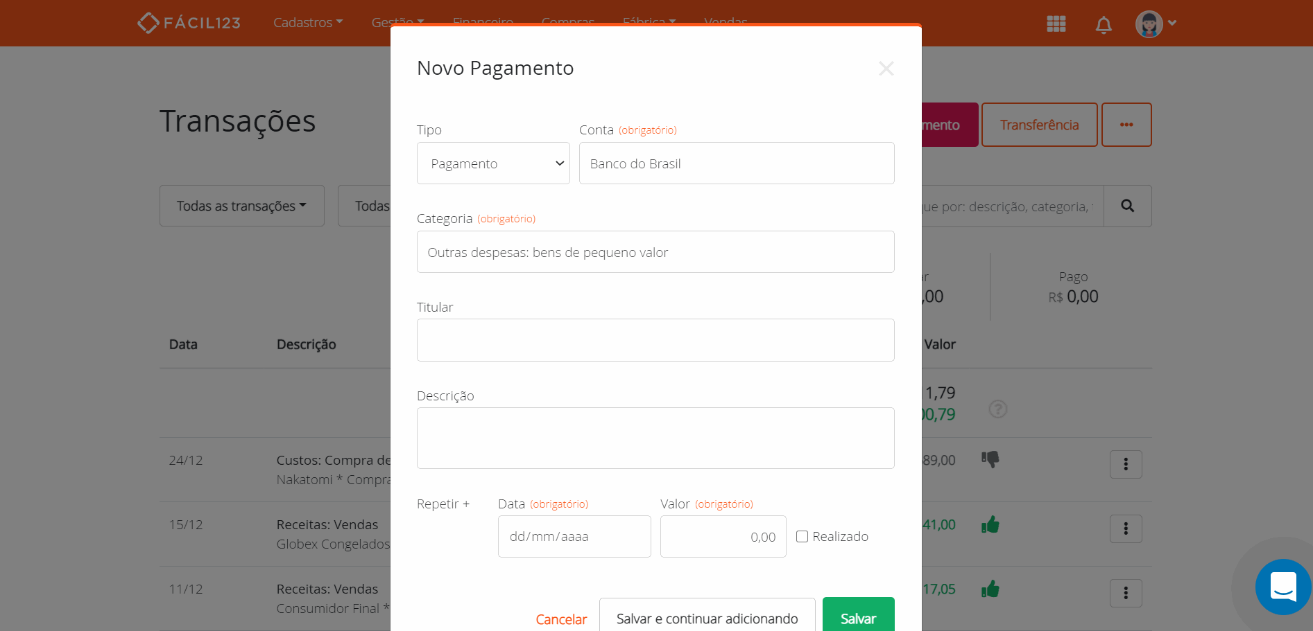 Adicionando pessoa no pagamento ou recebimento