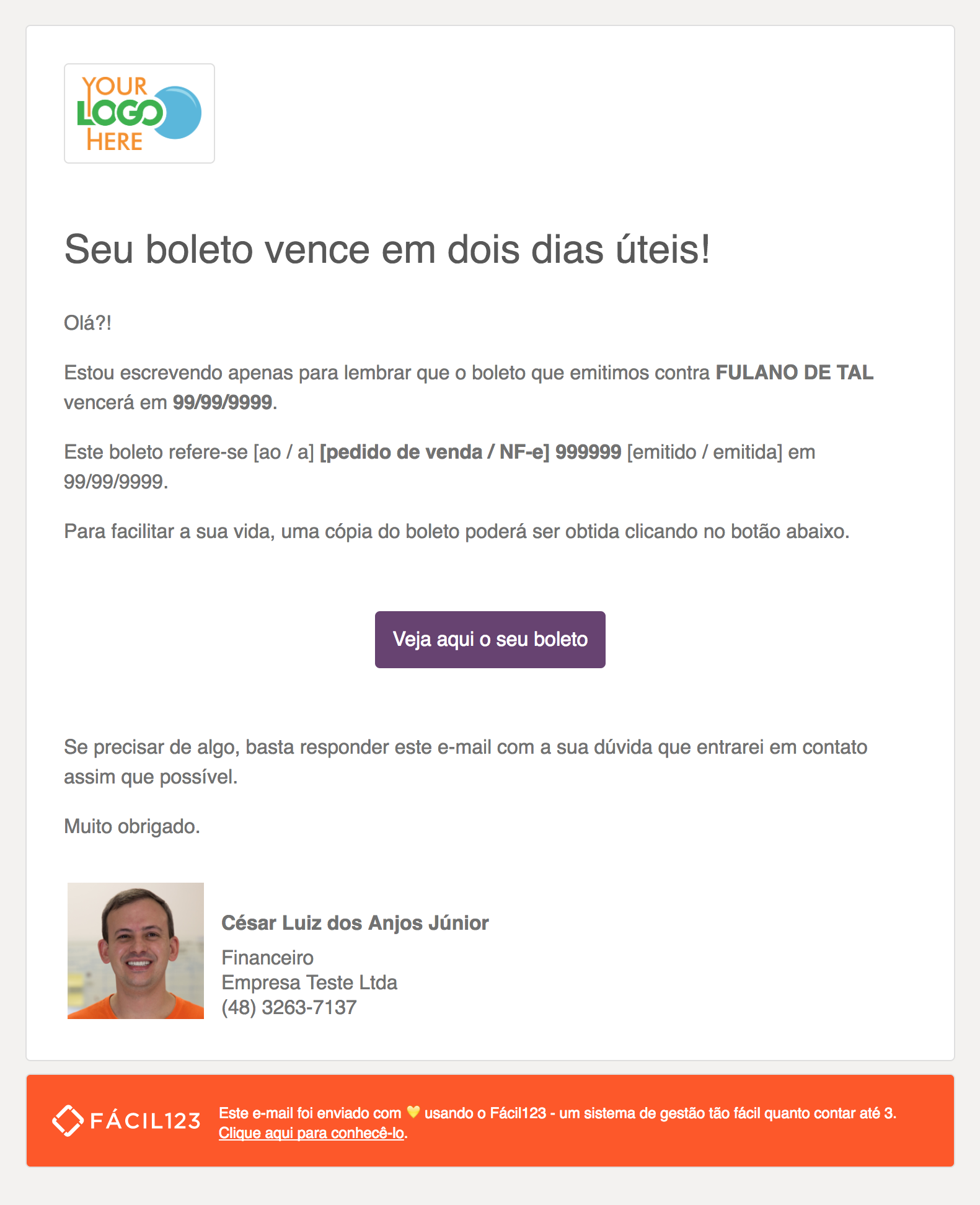 E-mail de lembrete antes do vencimento