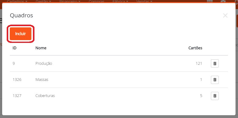 Lista de quadros