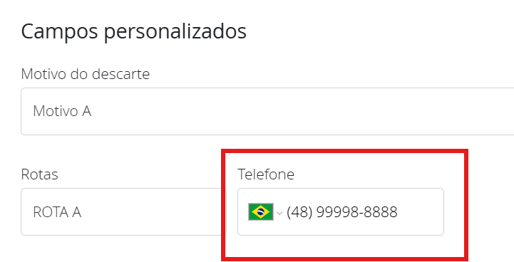 Campo personalizado do tipo Telefone preenchido