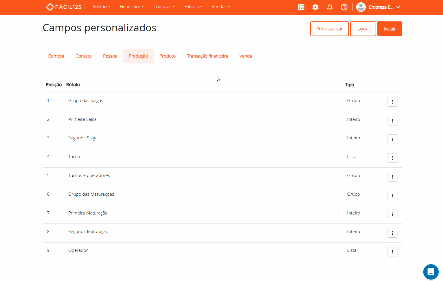 Layout dos campos personalizados