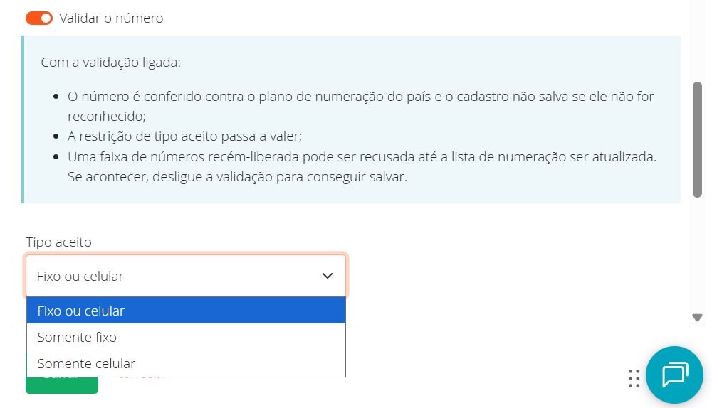 Interruptor Validar o número ligado e opção Tipo aceito