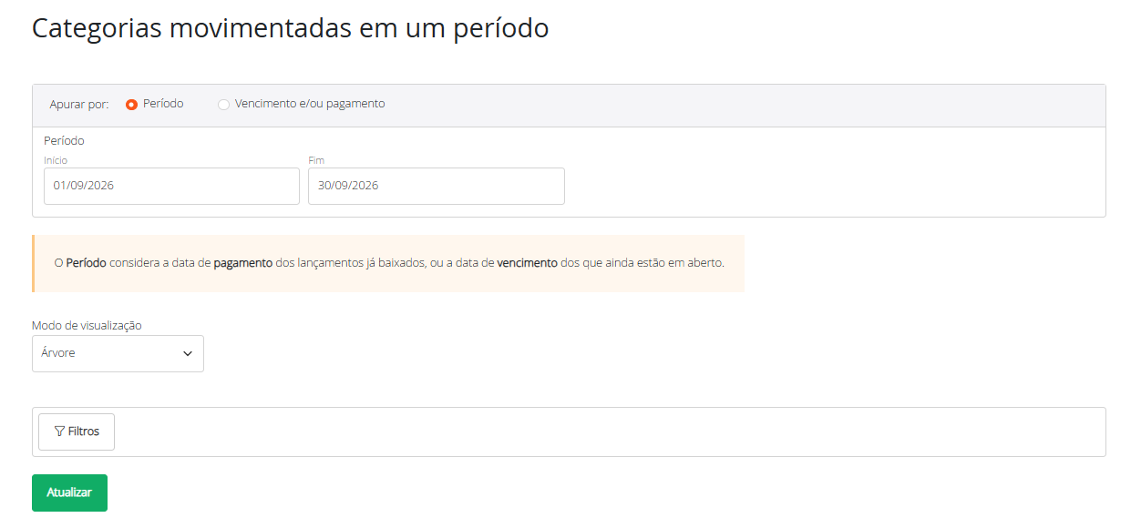 Filtros do relatório Categorias movimentadas em um período