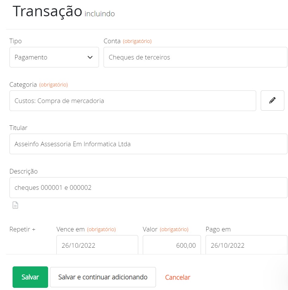 Lançando o pagamento para o fornecedor