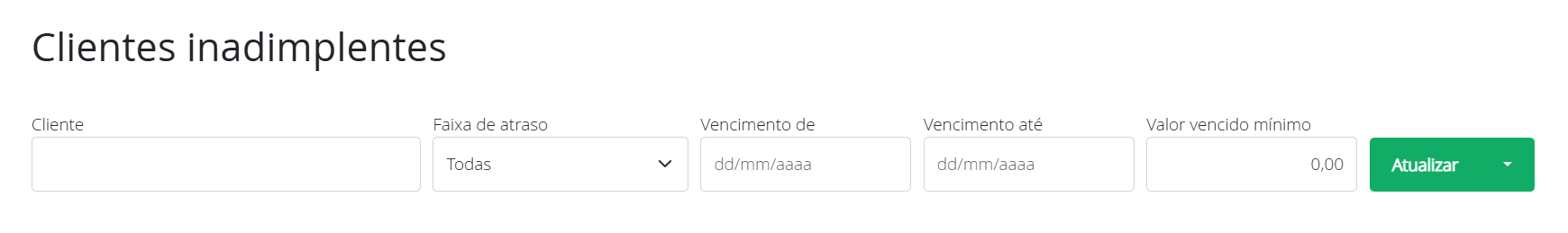 Filtros do relatório Cobrança de inadimplentes