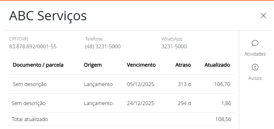 Painel lateral do cliente com os títulos vencidos e os botões Atividades e Avisos