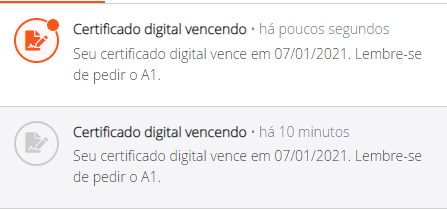 Certificado digital vencendo - notificação na central