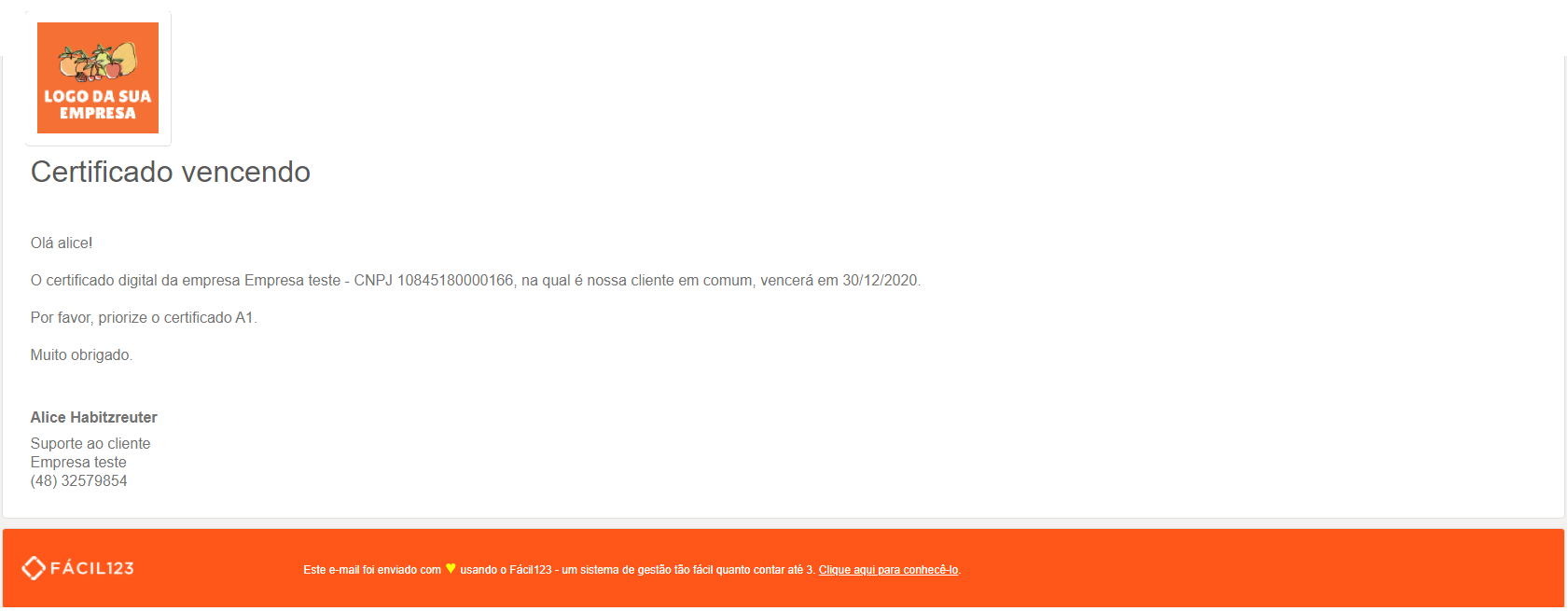 Certificado vencendo - notificação para contabilidade