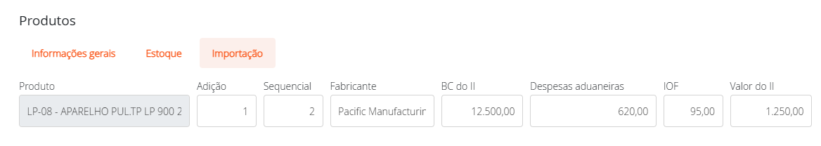 Aba Importação dos produtos