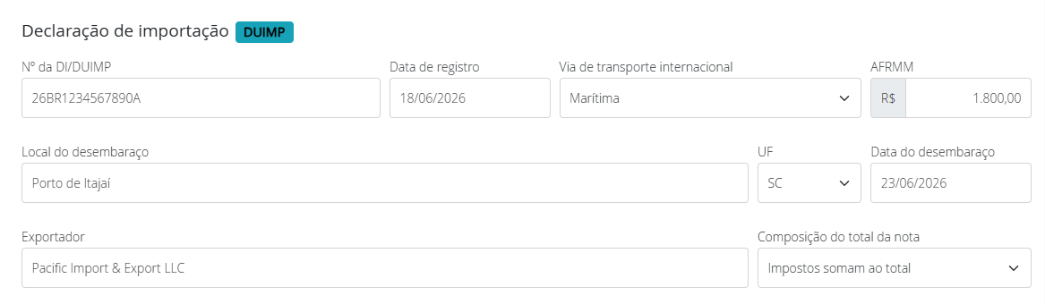 Seção Declaração de importação