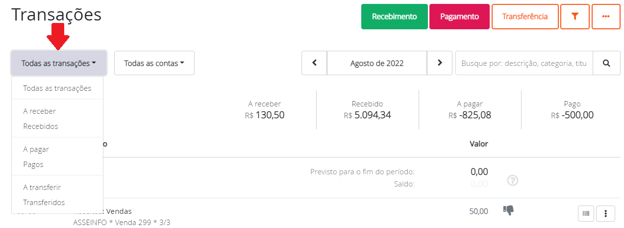 Filtro por tipo de transação