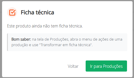 Aviso produto sem ficha técnica