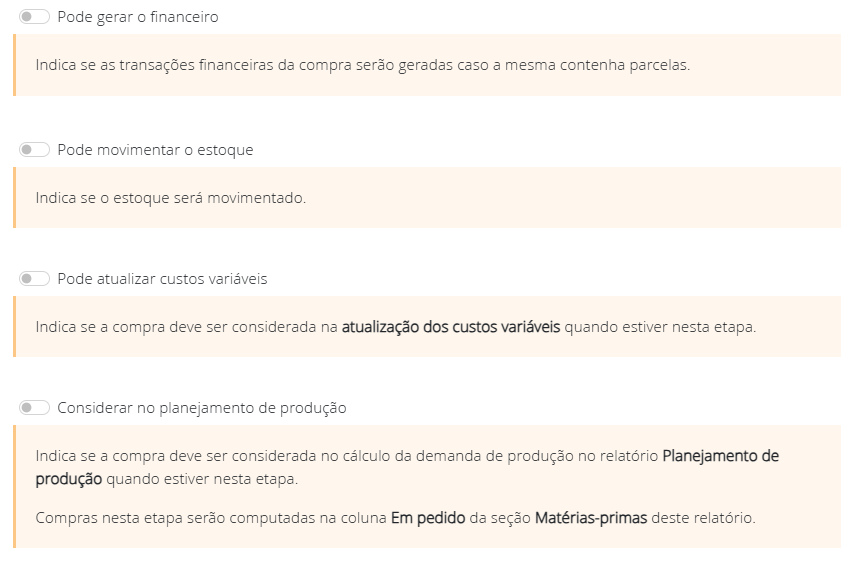 Configuração de etapas e quadro de compras