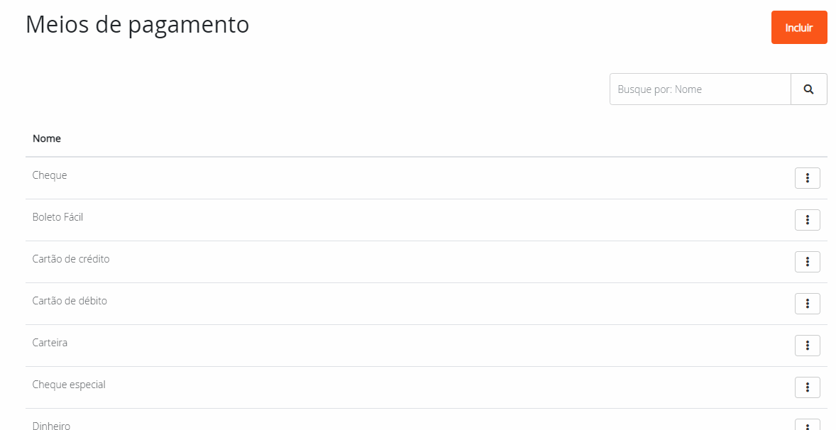 Excluindo meios de pagamento