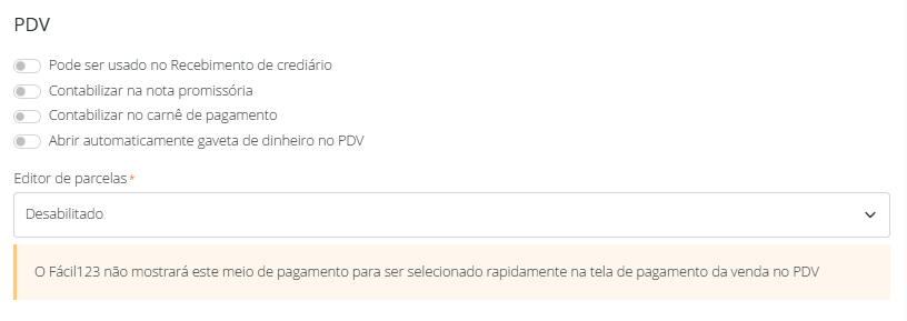 Opções do PDV