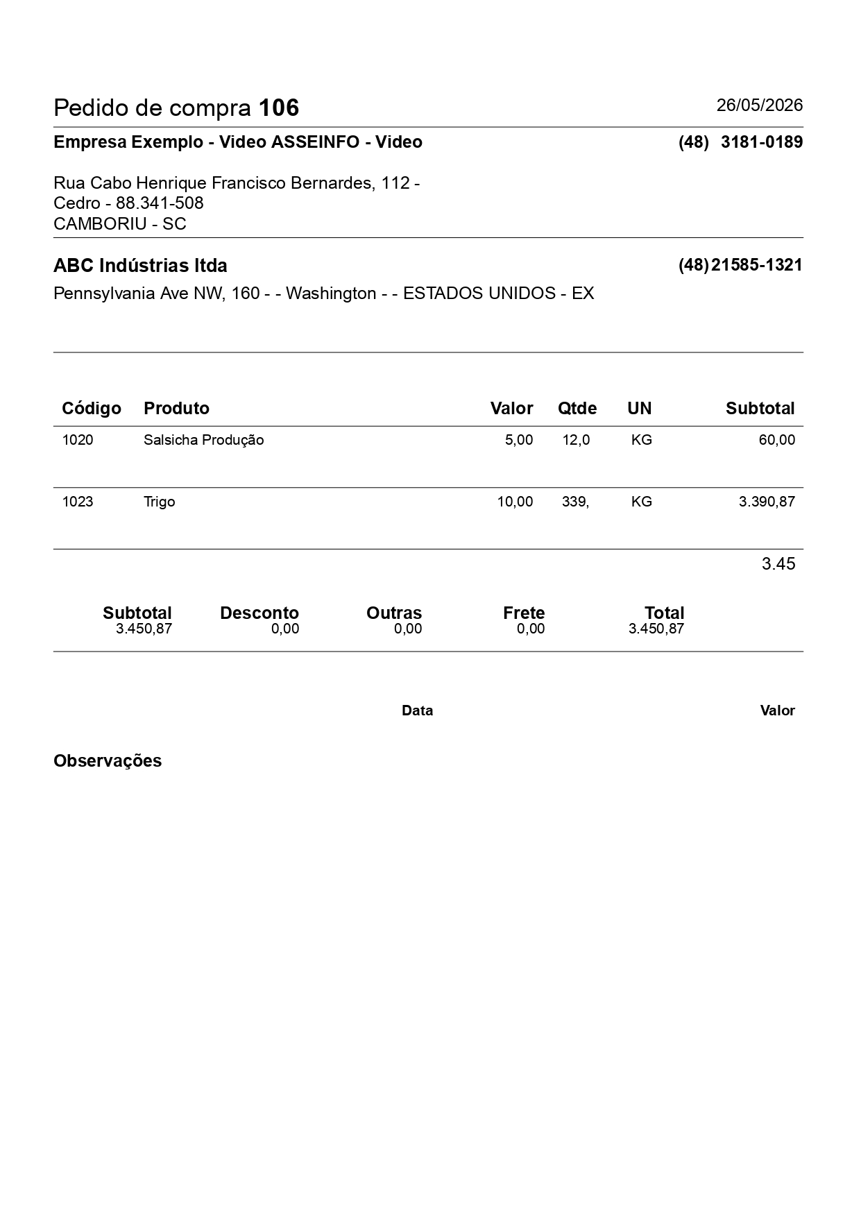 Modelo de impressão de compra