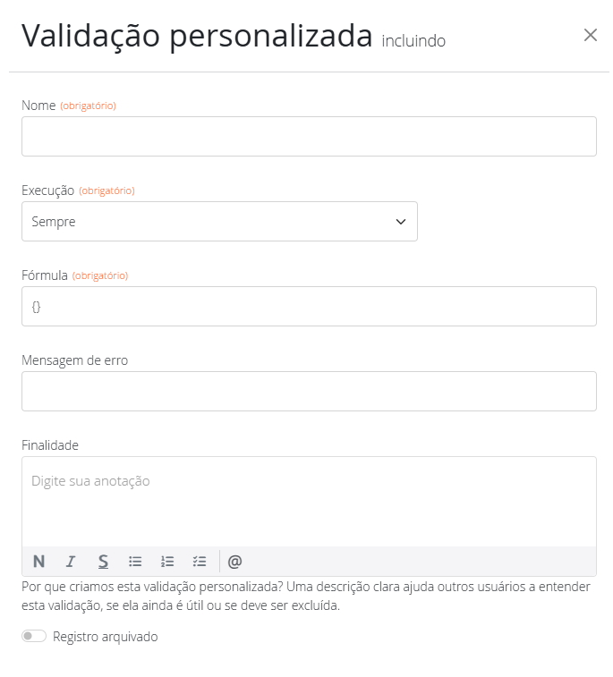 Campos das validações personalizadas
