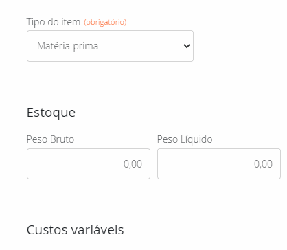 Tipo de item no cadastro do produto