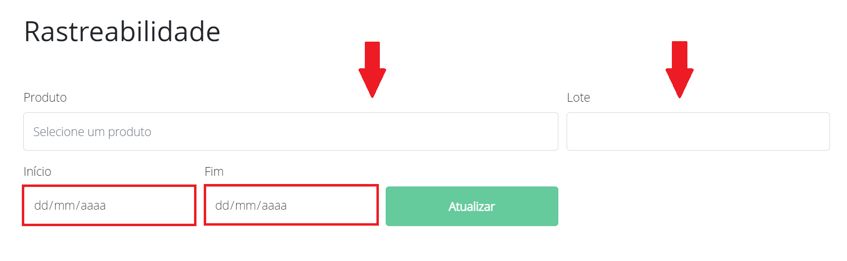 Filtros do relatório de rastreabilidade