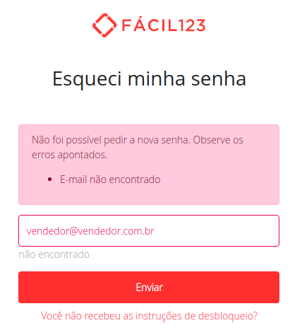 Erro e-mail não encontrado