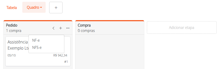 Menu do botão + da etapa com as opções NF-e e NFS-e