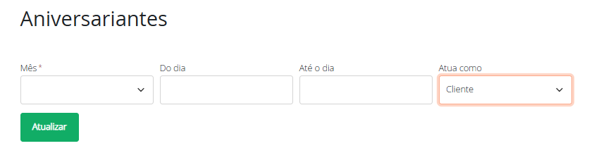 Filtros do relatório Aniversariantes