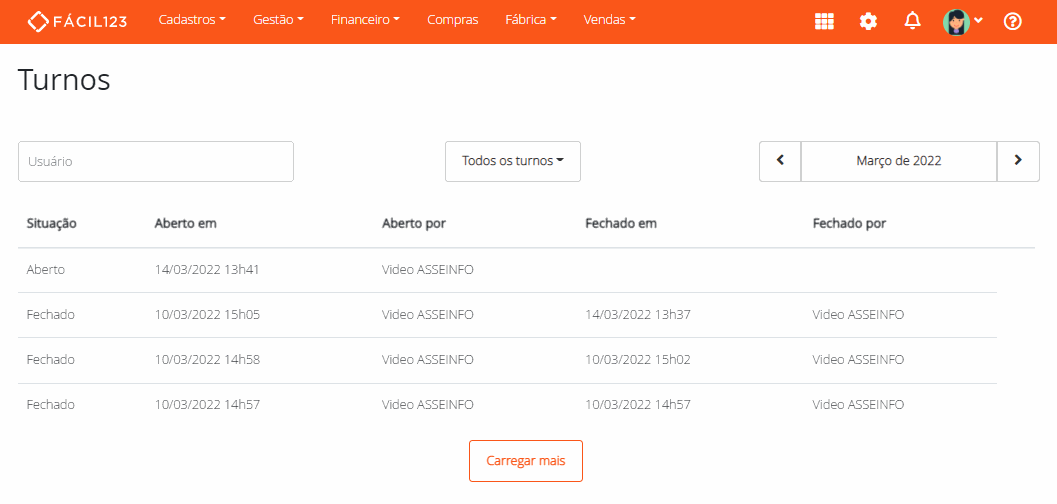 Opções de filtro de turnos