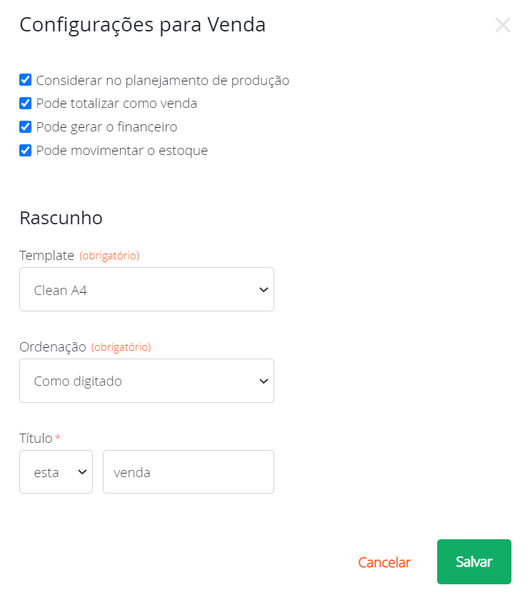 Quadro de vendas configuração etapa venda