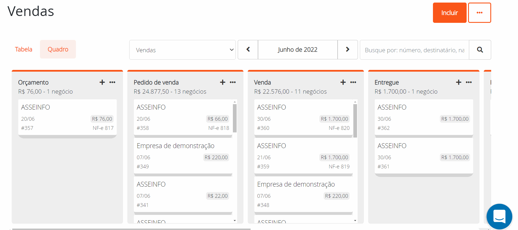 Adicionando uma venda pelo quadro