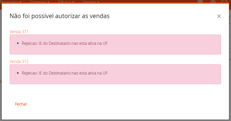 Não foi possível autorizar as vendas