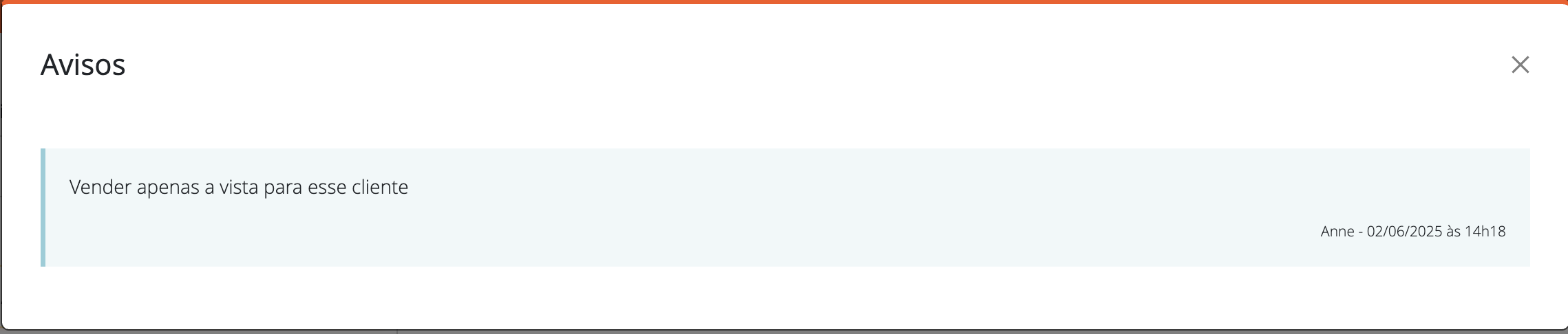 Aviso na tela de PDV