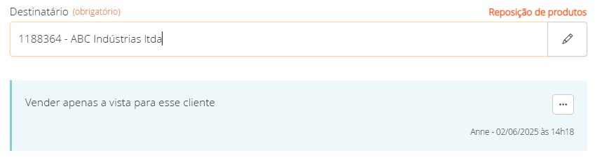 Aviso na tela de vendas