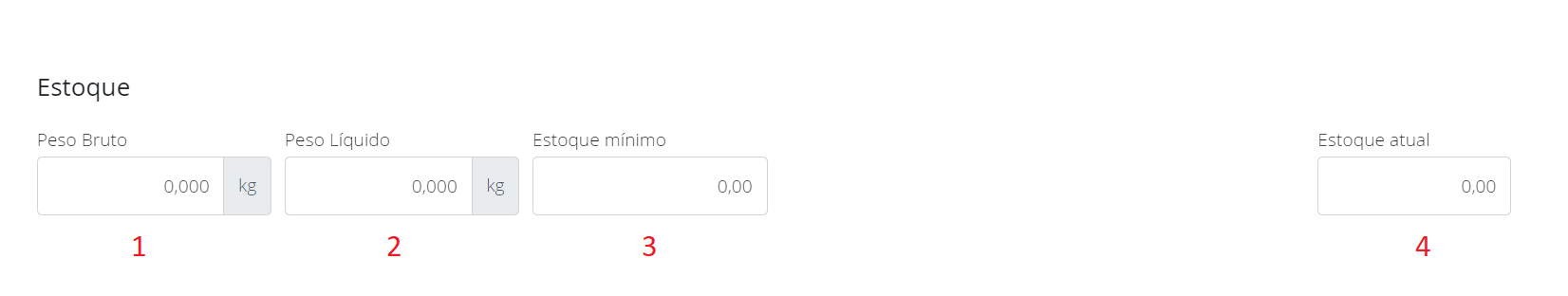 Campos de estoque no cadastro do produto