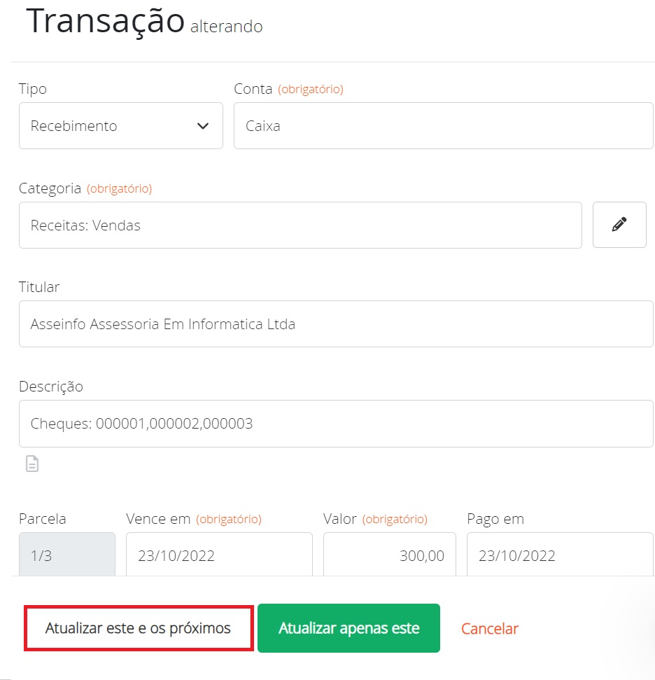 Ajustando as parcelas do cheque