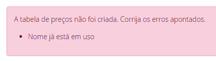 Mensagem de erro ao tentar cadastrar tabela com nome duplicado