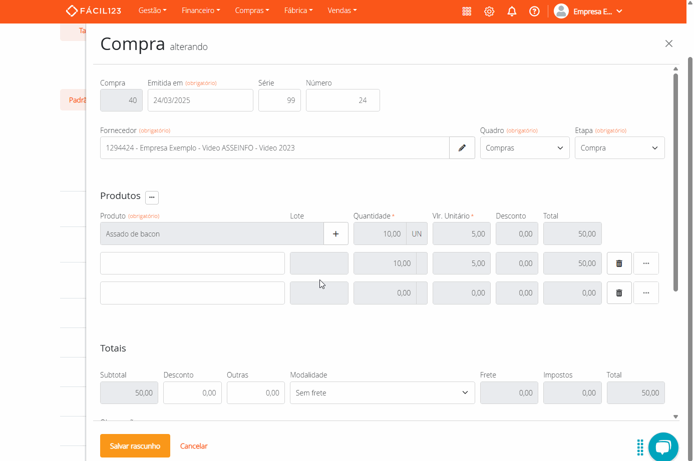 Cadastrando produto na compra