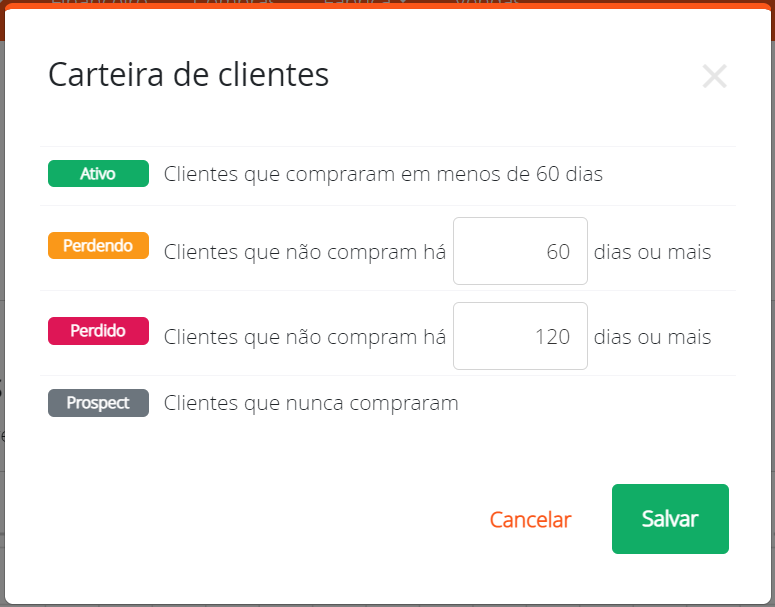 Campos de configuração da carteira de clientes