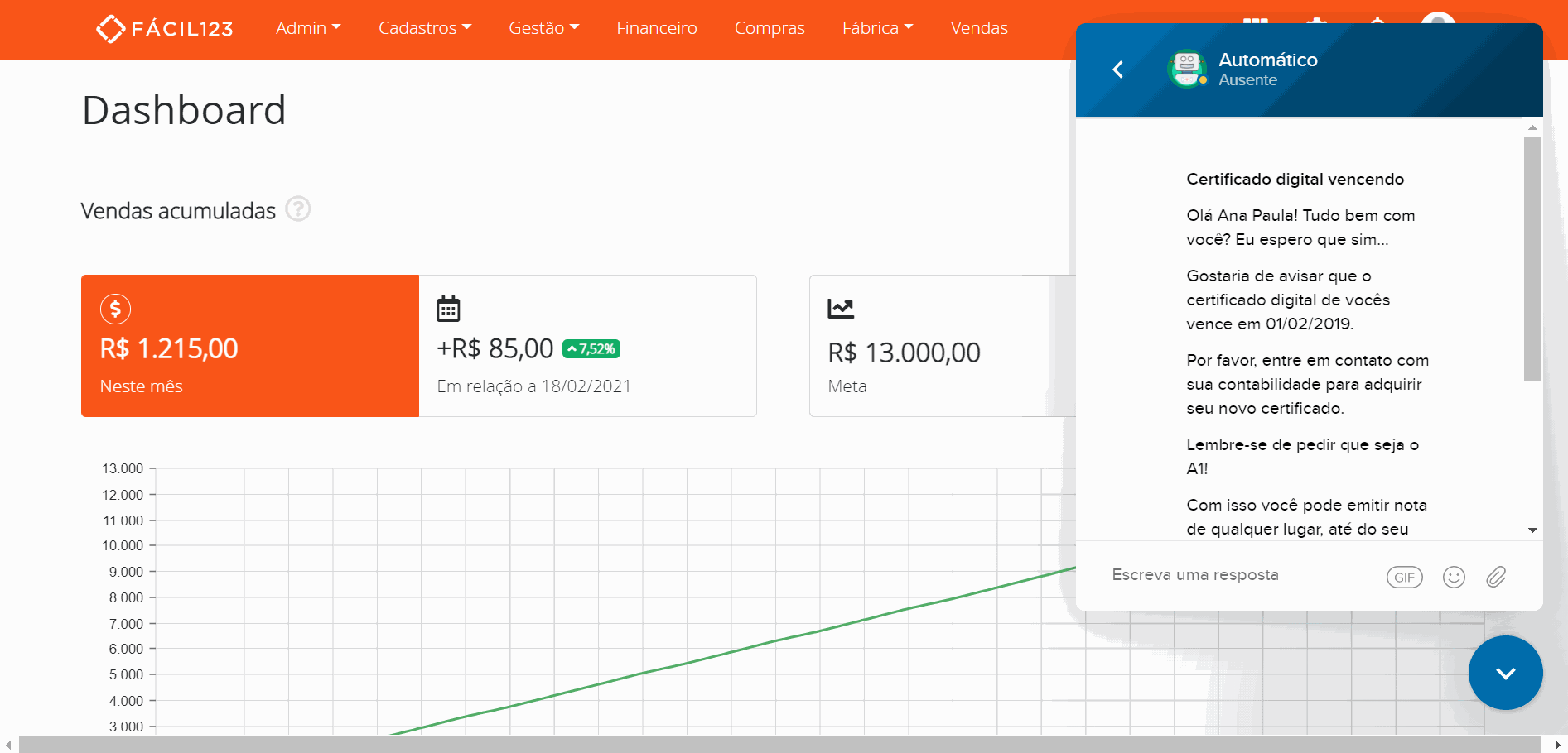 Alerta de certificado vencendo no chat