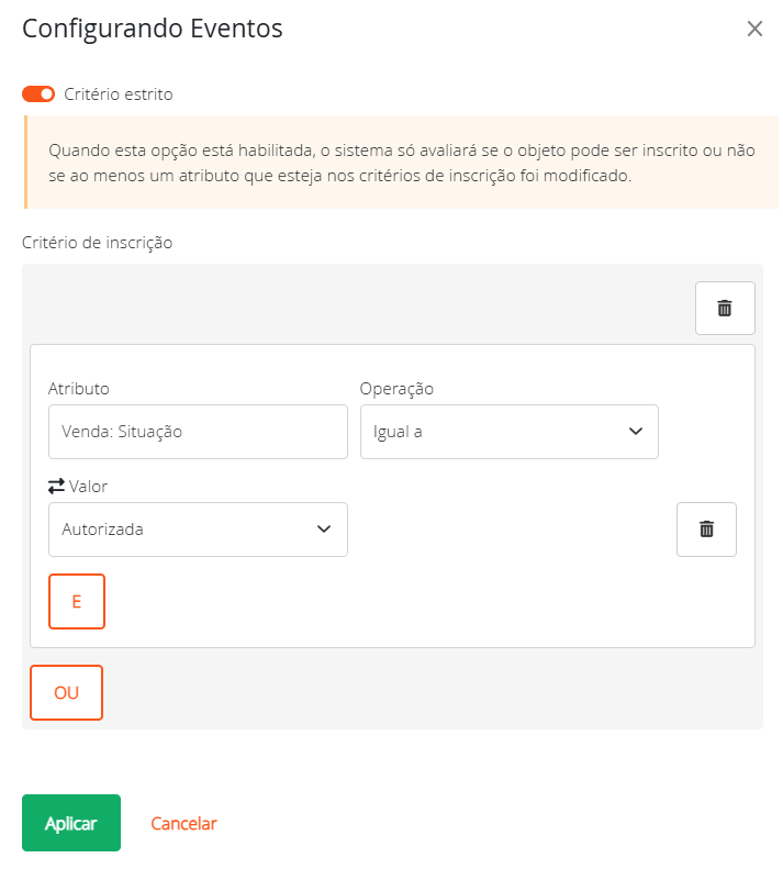 Configurando eventos exemplo
