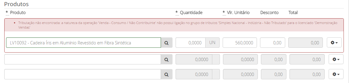 Erro tributação não encontrada