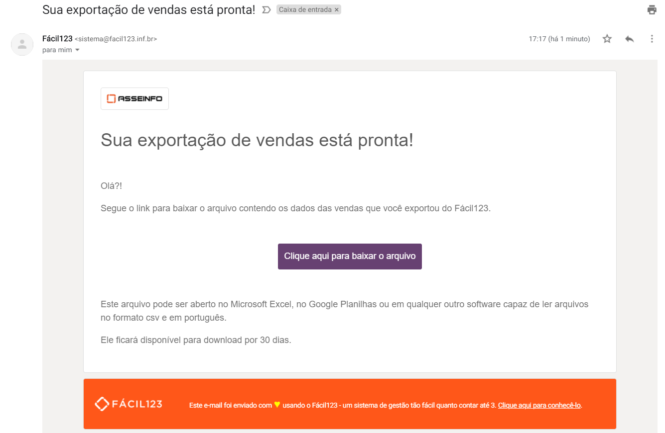 Link de exportação de vendas no e-mail