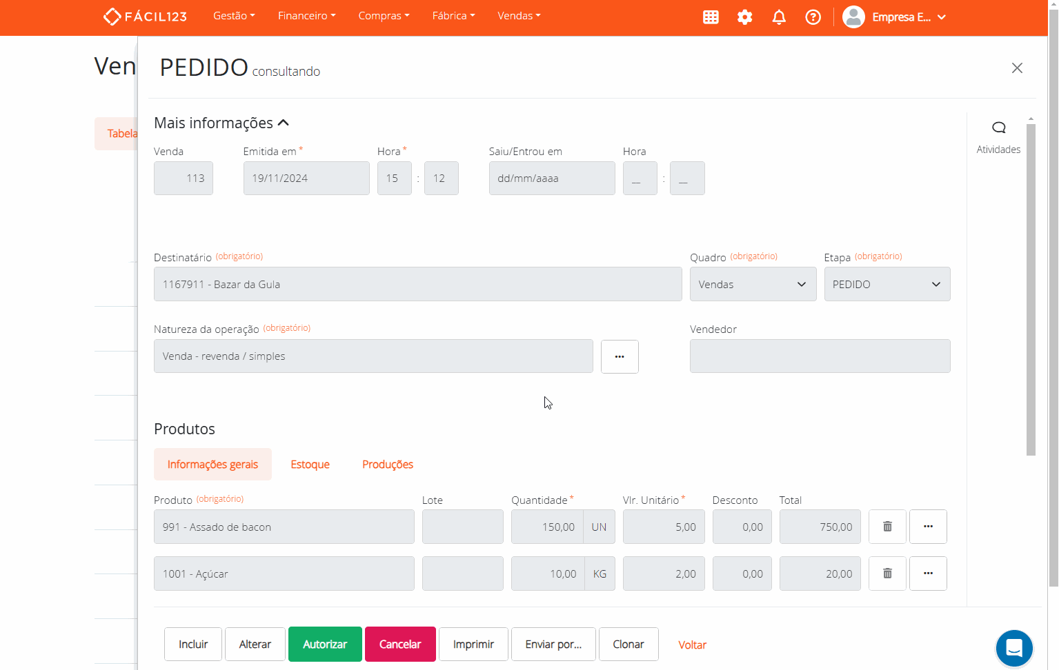 Ver uma produção através da tela de vendas