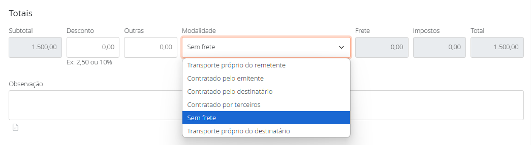 Modalidade do frete