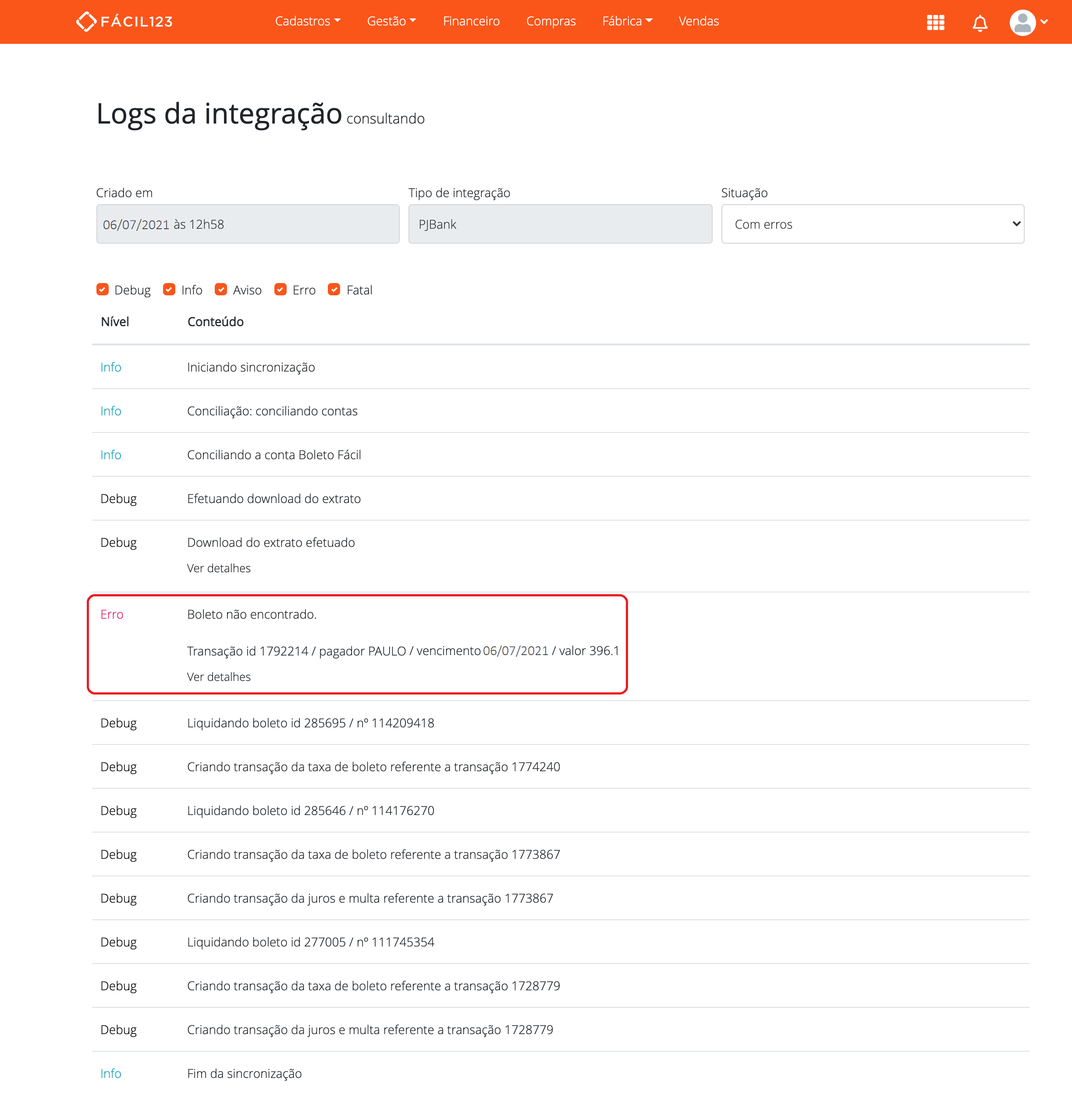 Log das integrações PJBank