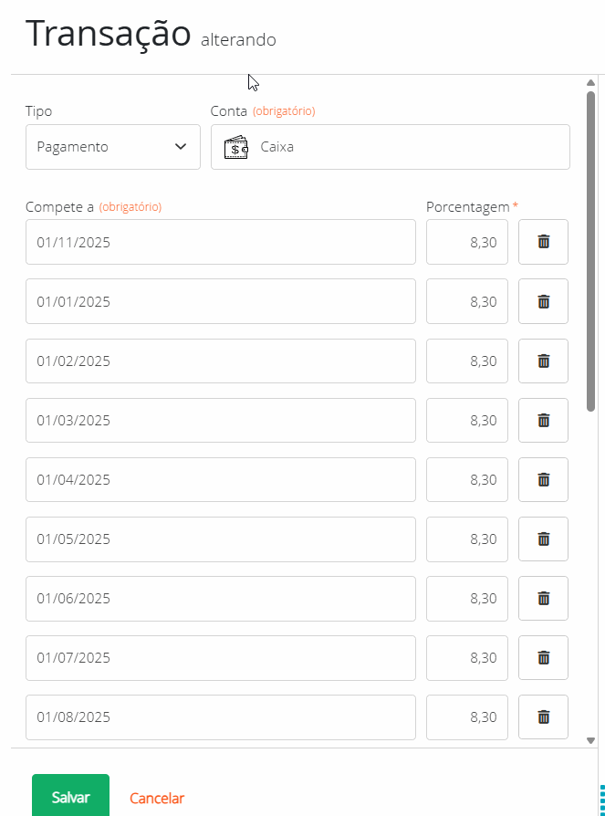Rateio de valor pela data de competência