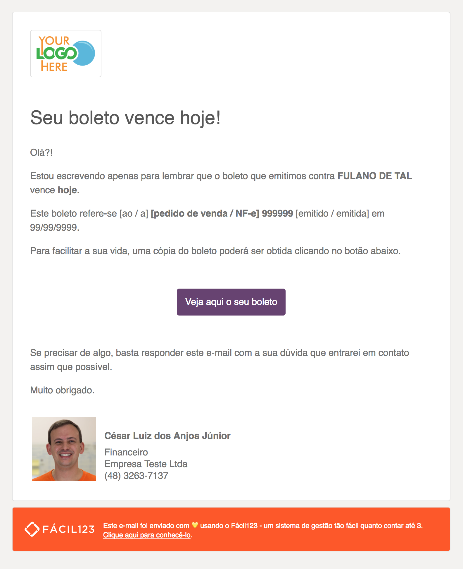 Exemplo de e-mail da régua de cobrança