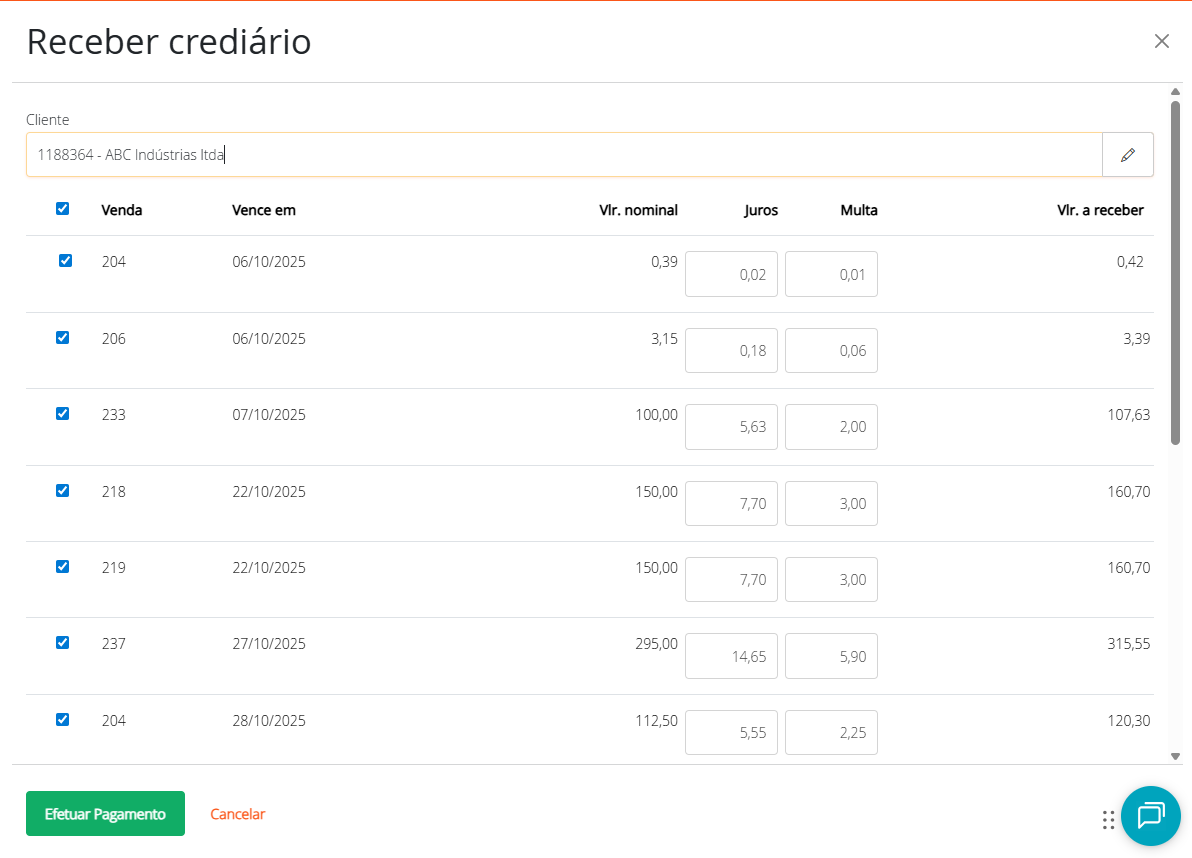 Tela de recebimento de crediário