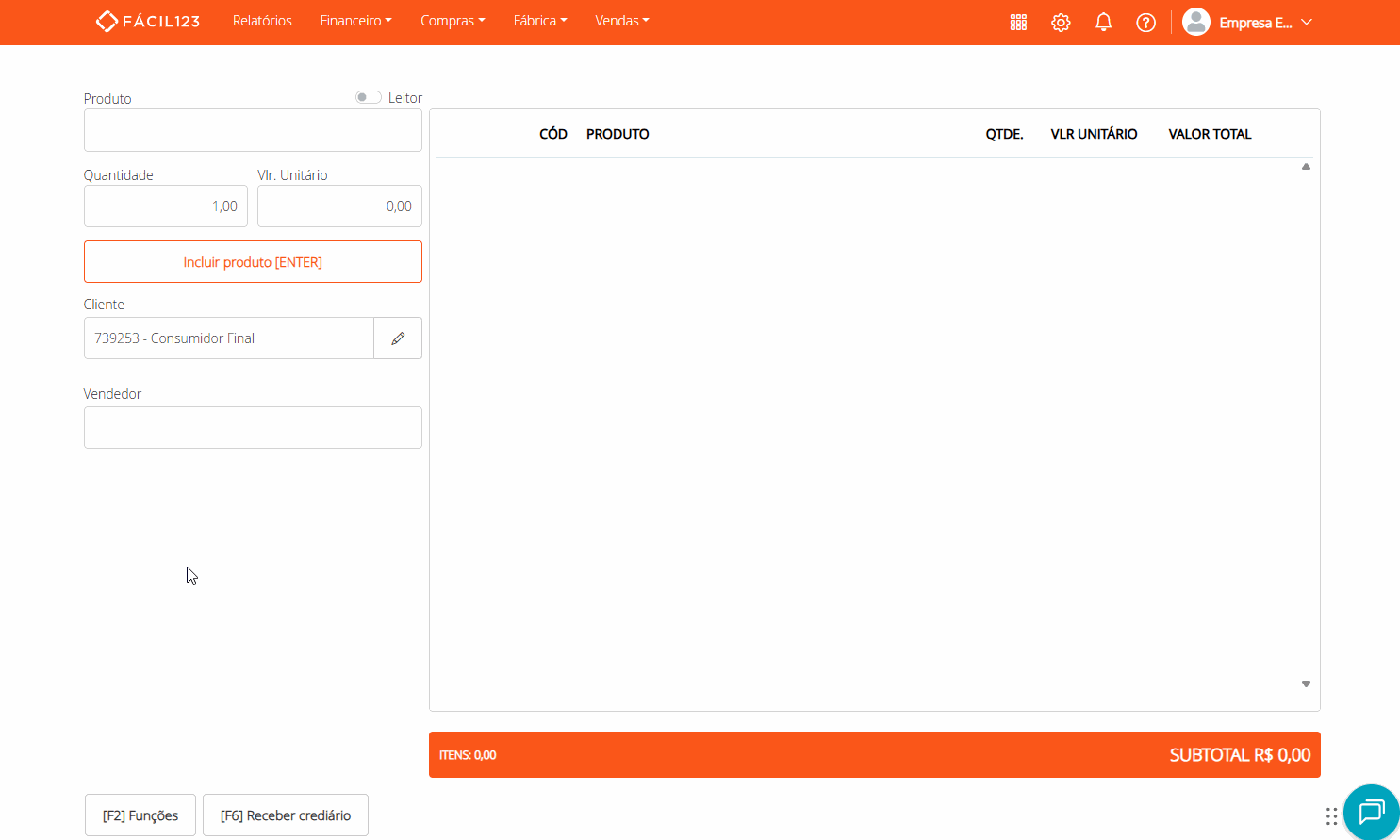 Criando orçamento no PDV