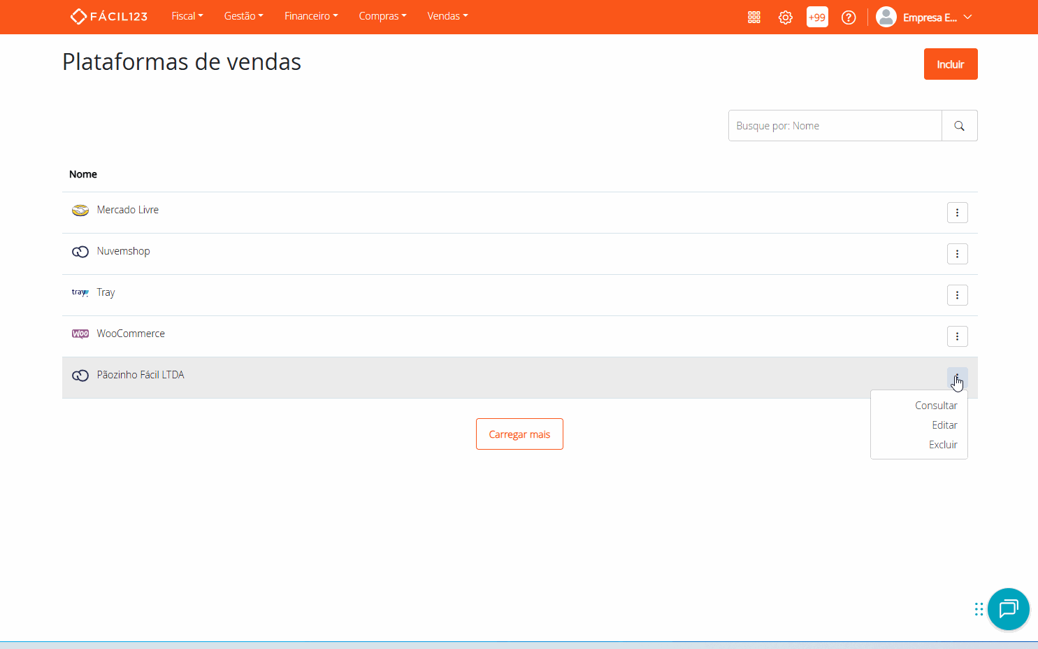 Editando plataforma de venda