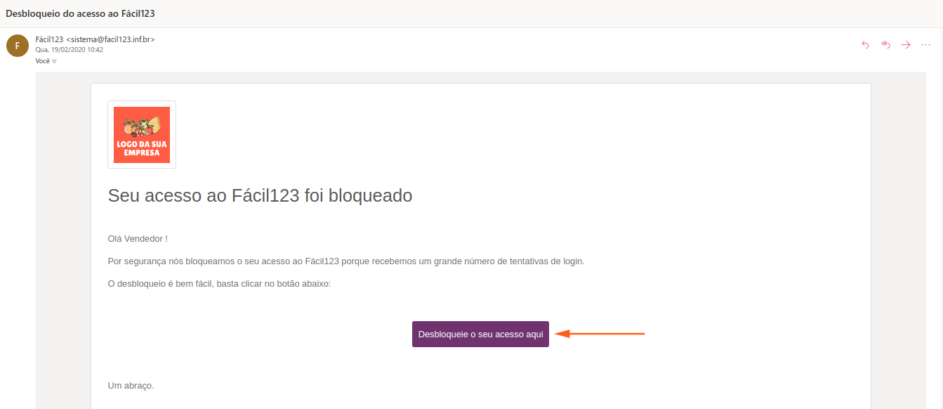 E-mail de desbloqueio de conta